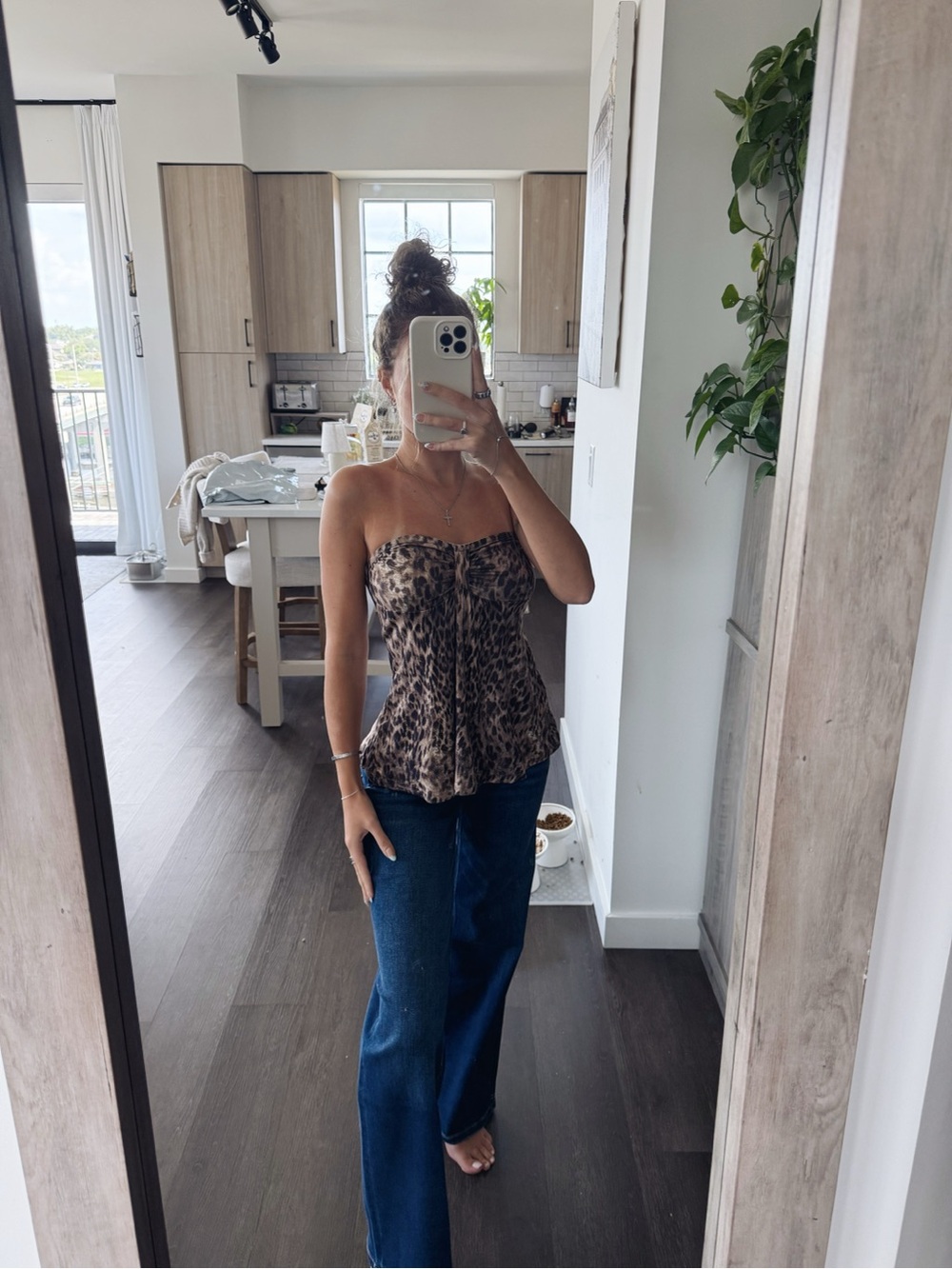Leopard Print Strapless Peplum Top - Brown